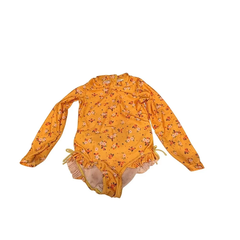 Girls Mustard Yellow Floral Long Sleeve One Piece Swimsuit Ruffle Trim 4T